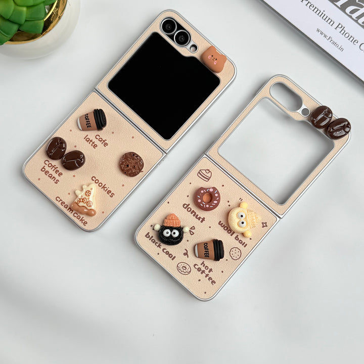 Samsung Galaxy Z Flip 6 Donut Wool Coal Coffee Teddy Cover With Charm Holder