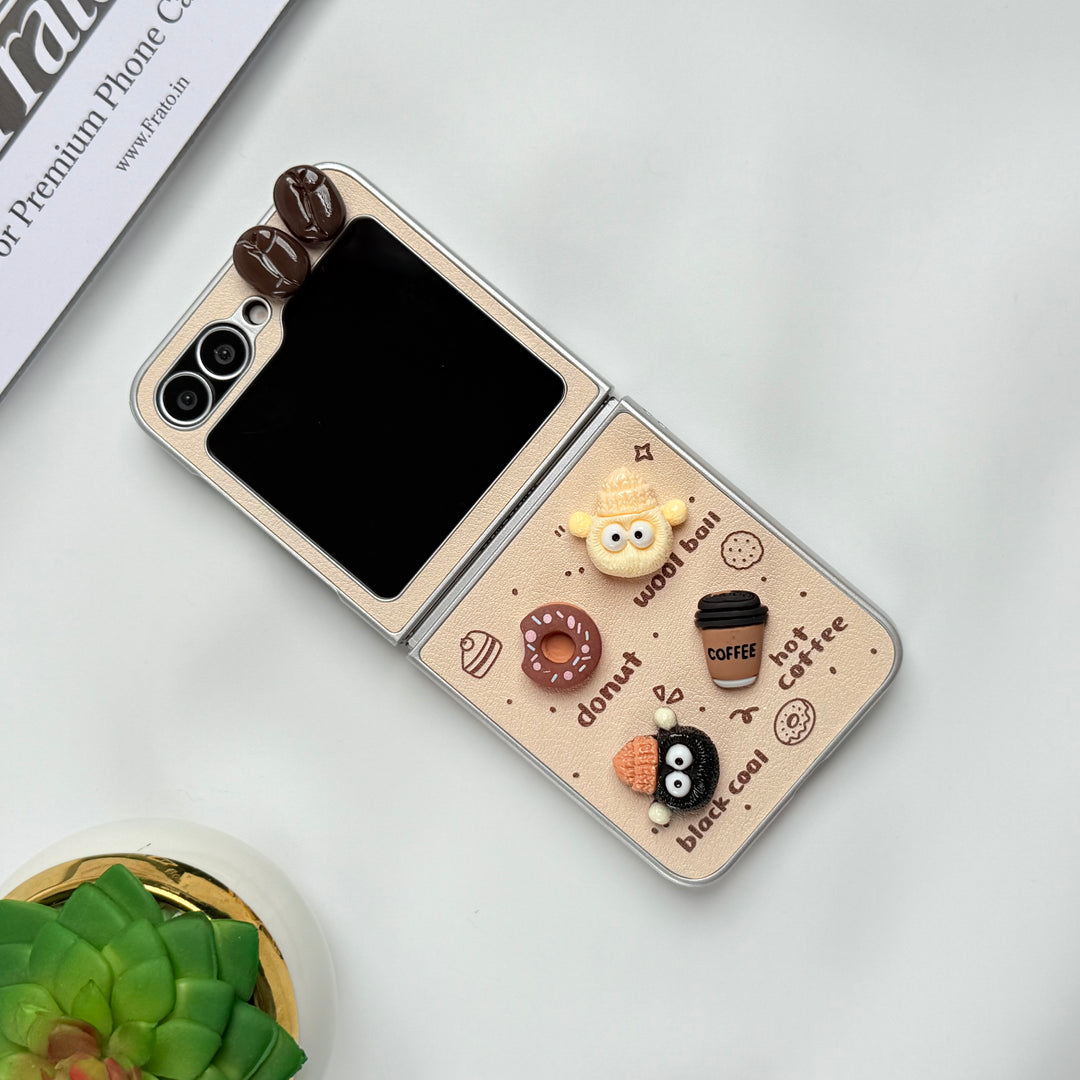 Samsung Galaxy Z Flip 6 Donut Wool Coal Coffee Teddy Cover With Charm Holder