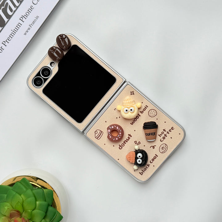 Samsung Galaxy Z Flip 6 Donut Wool Coal Coffee Teddy Cover With Charm Holder