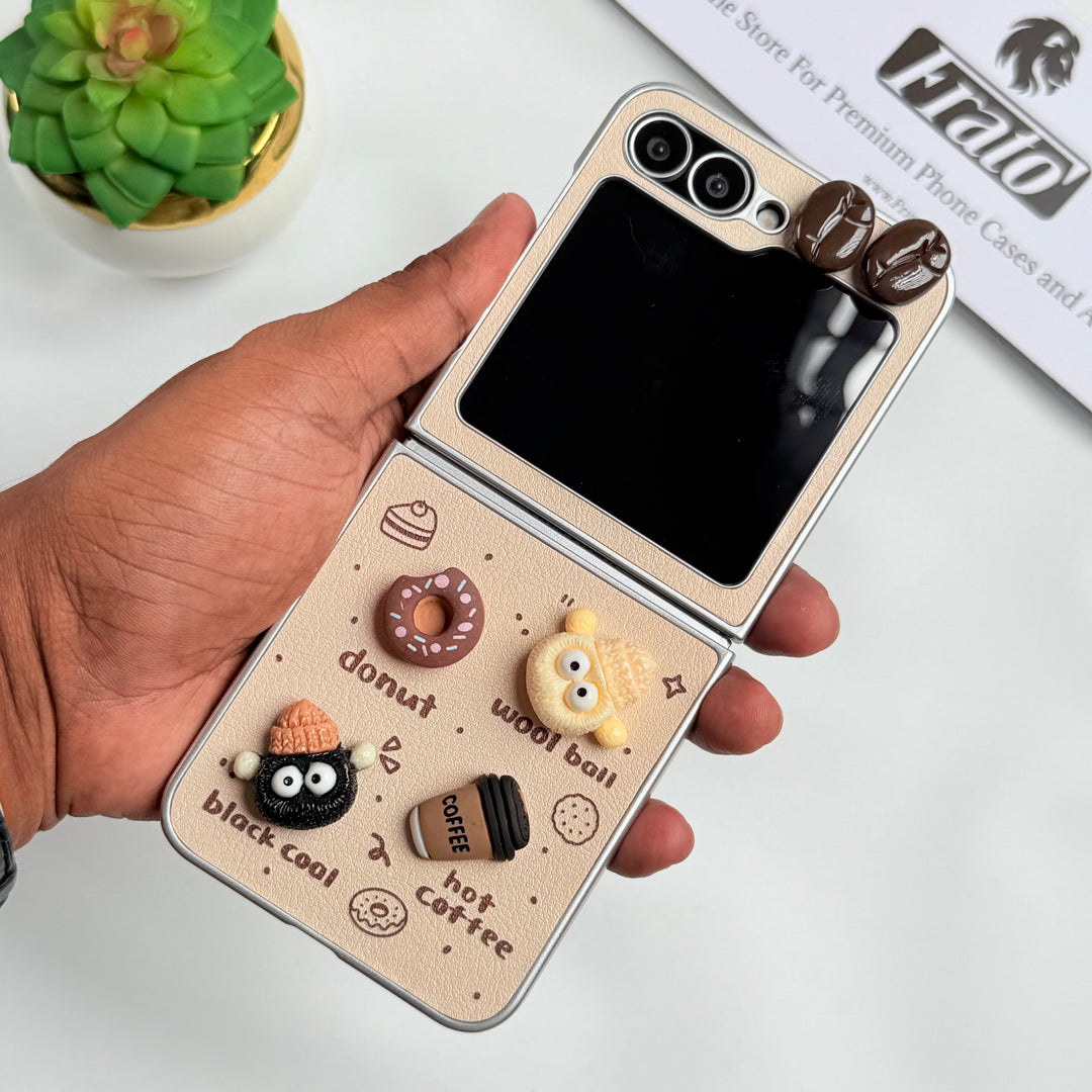 Samsung Galaxy Z Flip 6 Donut Wool Coal Coffee Teddy Cover With Charm Holder