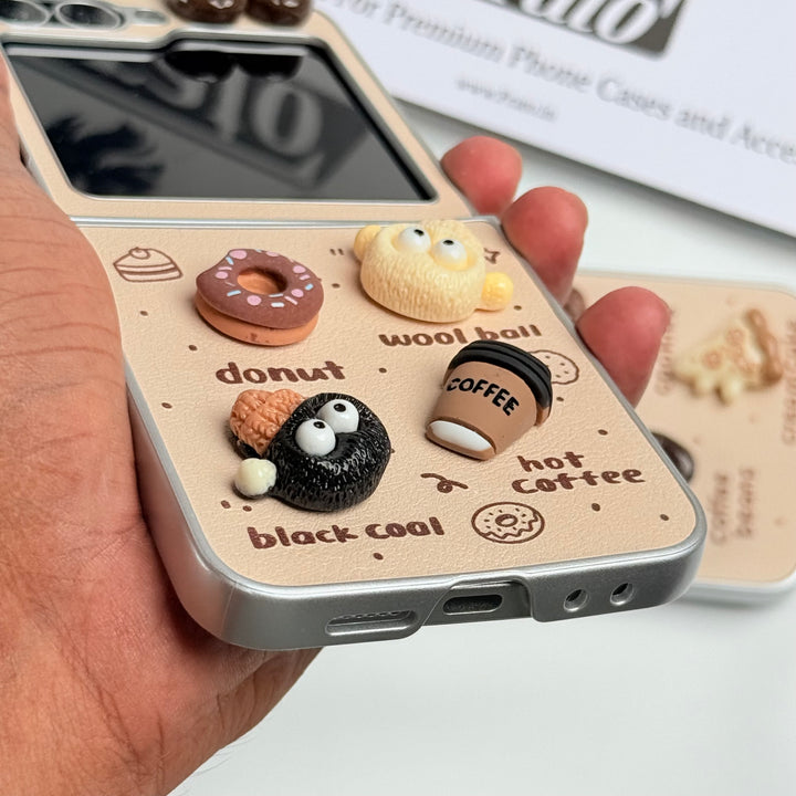 Samsung Galaxy Z Flip 6 Donut Wool Coal Coffee Teddy Cover With Charm Holder
