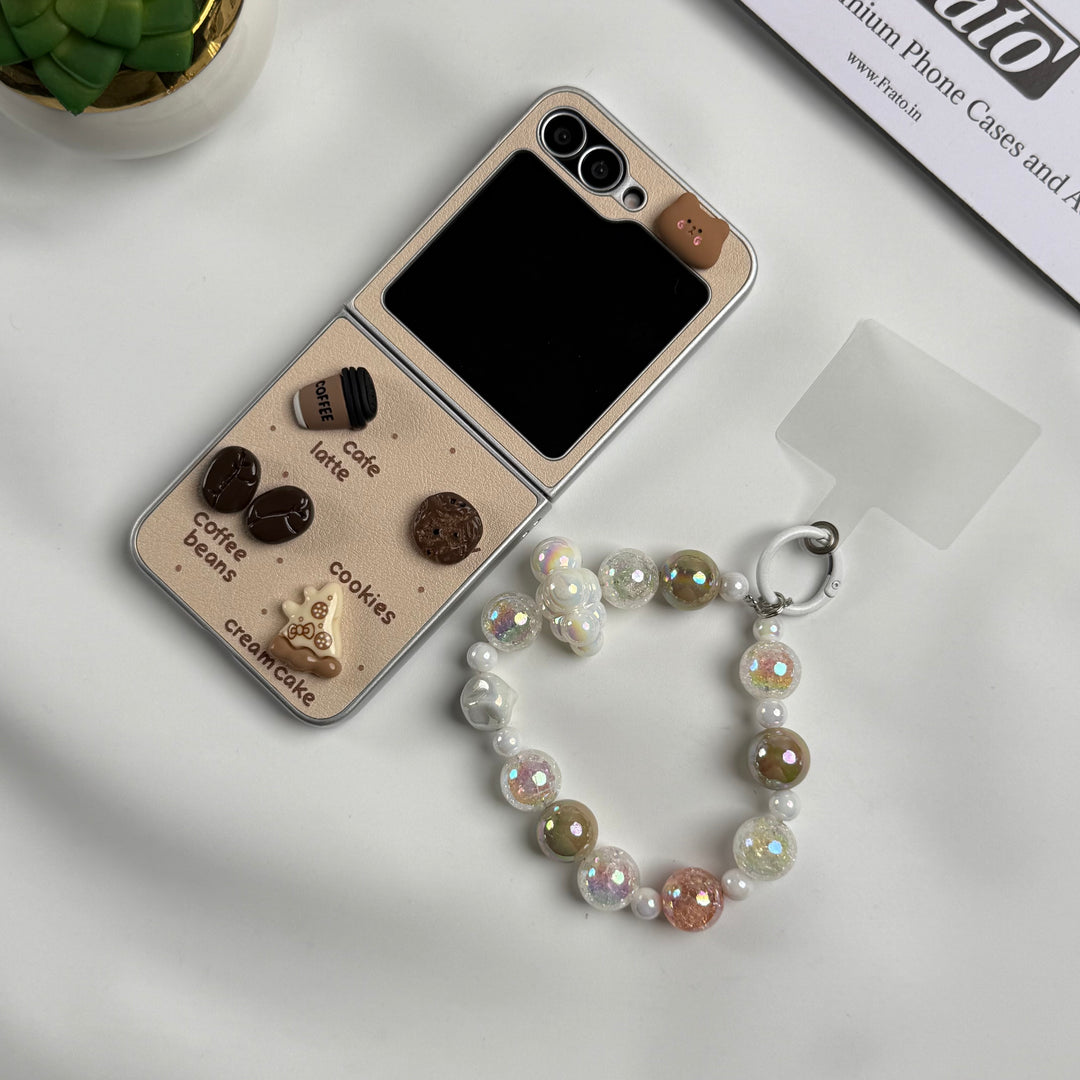 Samsung Galaxy Z Flip 6 Donut Wool Coal Coffee Teddy Cover With Charm Holder