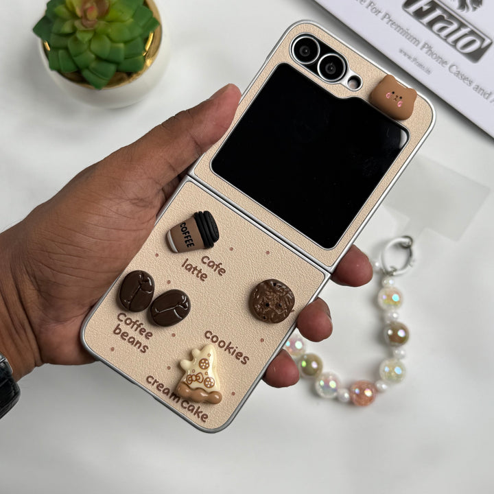 Samsung Galaxy Z Flip 6 Donut Wool Coal Coffee Teddy Cover With Charm Holder