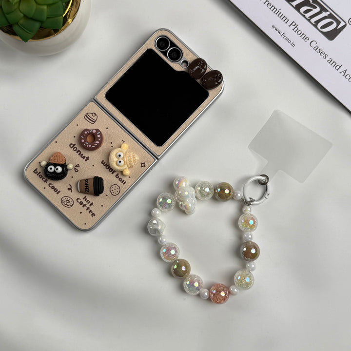Samsung Galaxy Z Flip 6 Donut Wool Coal Coffee Teddy Cover With Charm Holder
