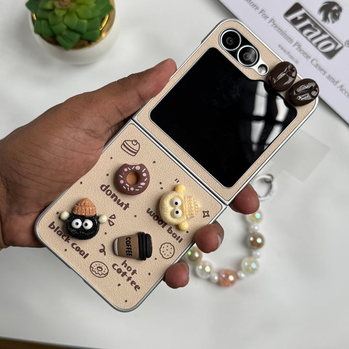 Samsung Galaxy Z Flip 6 Donut Wool Coal Coffee Teddy Cover With Charm Holder