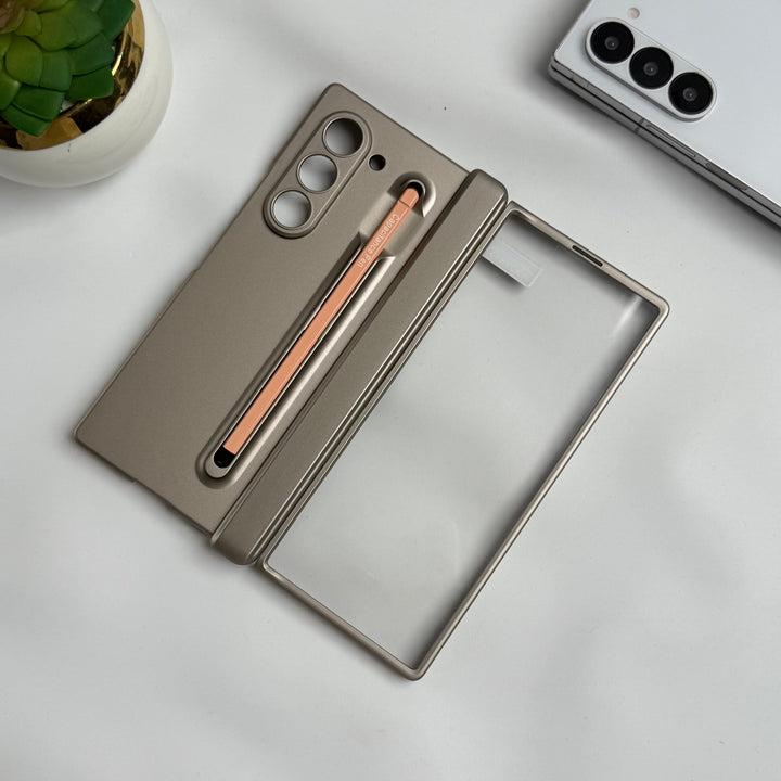 Samsung Galaxy Z Fold 6 Metal S-Pen front Glass Protection Hinge Case Folding Cover Golden