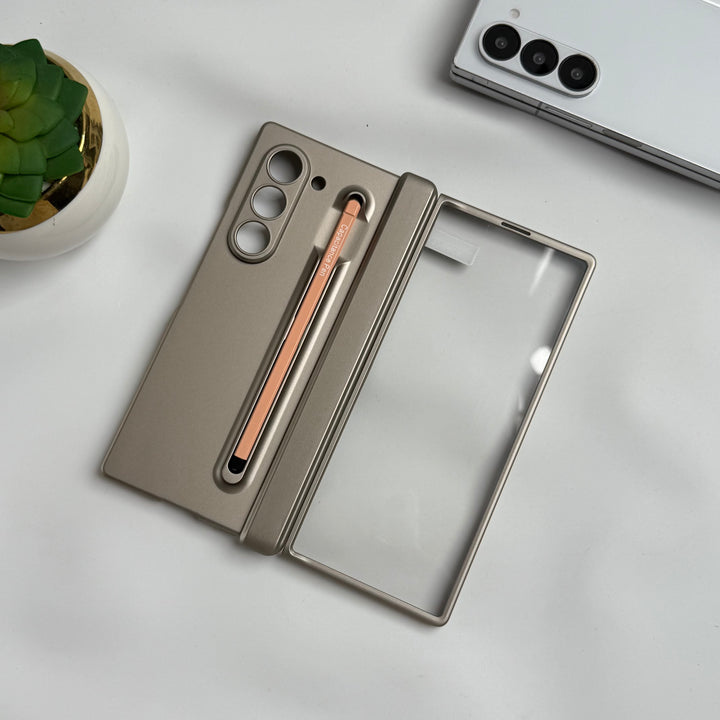 Samsung Galaxy Z Fold 6 Metal S-Pen front Glass Protection Hinge Case Folding Cover Golden
