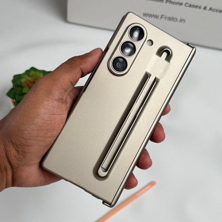 Samsung Galaxy Z Fold 6 Metal S-Pen front Glass Protection Hinge Case Folding Cover Golden