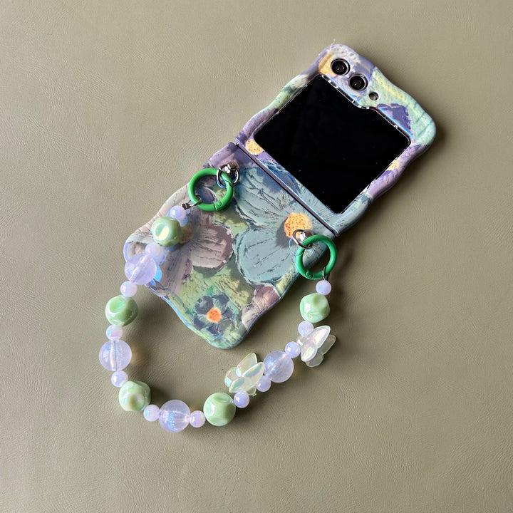 Samsung Galaxy Z Flip 6 Wavy Design Floral Print Glossy Back Case Cover With Crystal Pearl Chain