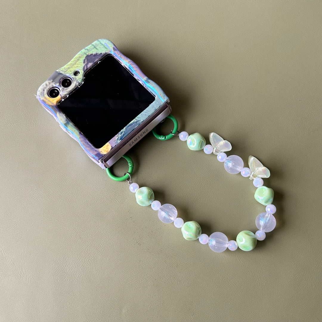 Samsung Galaxy Z Flip 6 Wavy Design Floral Print Glossy Back Case Cover With Crystal Pearl Chain