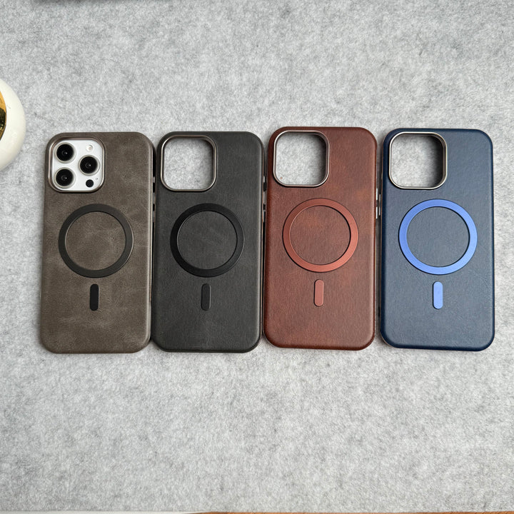 iPhone 15 Pro Max Metallic Textured Leather MagSafe Ring Case Cover