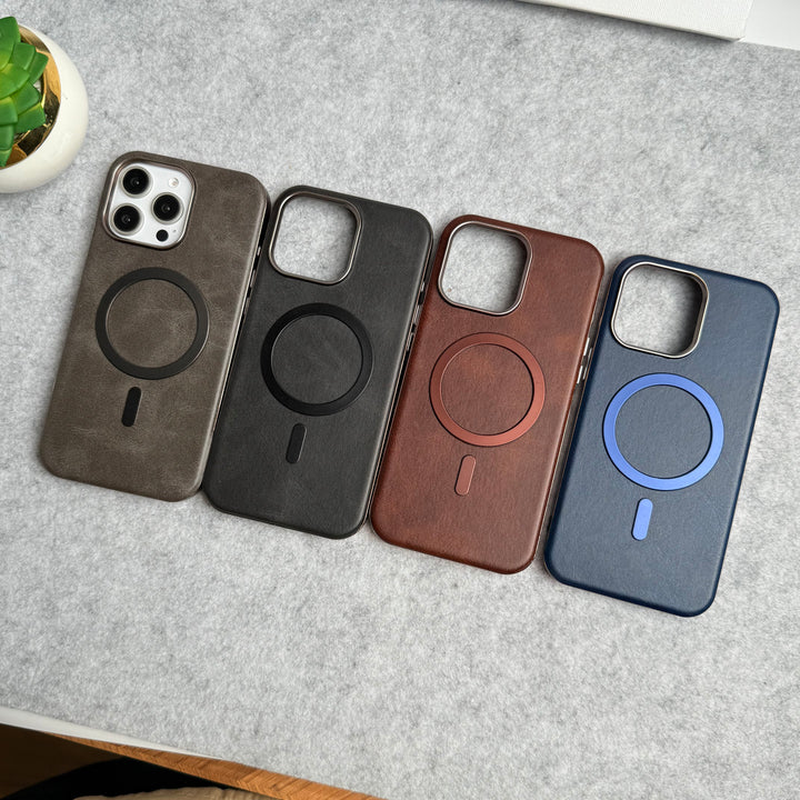 iPhone 15 Pro Max Metallic Textured Leather MagSafe Ring Case Cover