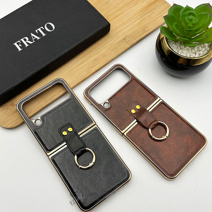 Samsung Galaxy Z Flip 3 Chrome Plated Pu Leather Metal Ring Holder Case Cover
