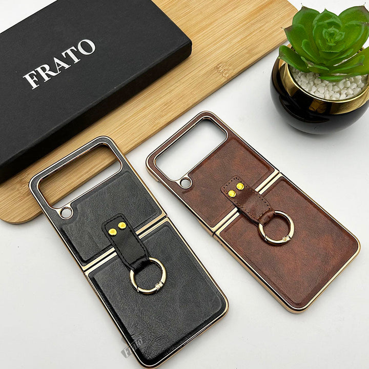 Samsung Galaxy Z Flip 4 Chrome Plated Pu Leather Metal Ring Holder Case Cover