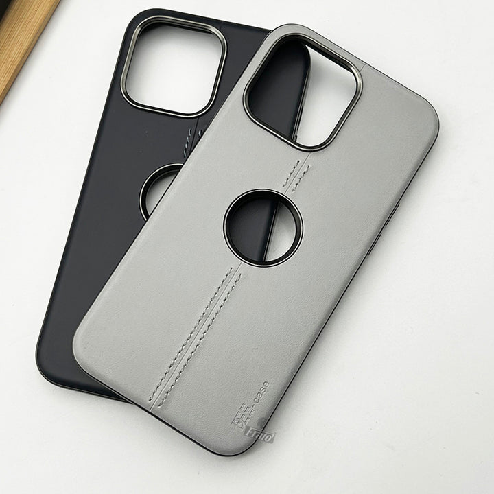 iPhone 15 Pro PU Smooth Leather Case With Metal Frame Camera Protection Logo cut Cover(Grey)