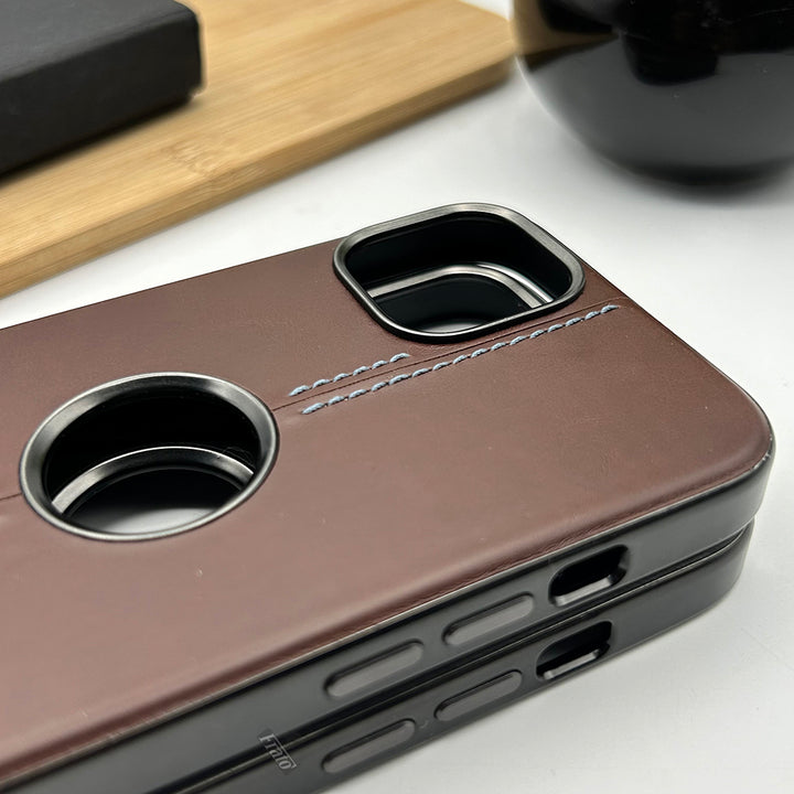 iPhone 15 Pro Max Pu Smooth Leather Case With Metal Frame Camera Protection Logo cut Cover(Brown)