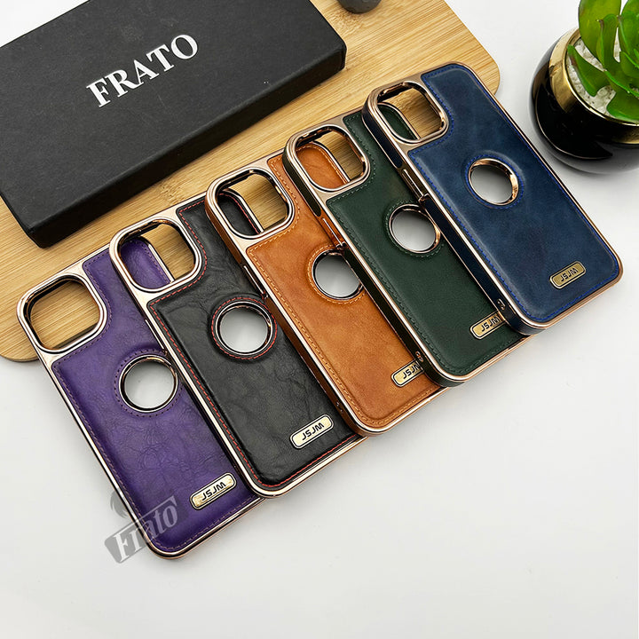 iPhone Luxury PU Leather Chrome Plated Logo Cut Case Cover