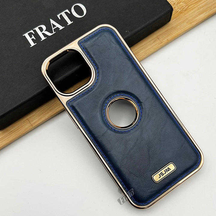 iPhone Luxury PU Leather Chrome Plated Logo Cut Case Cover