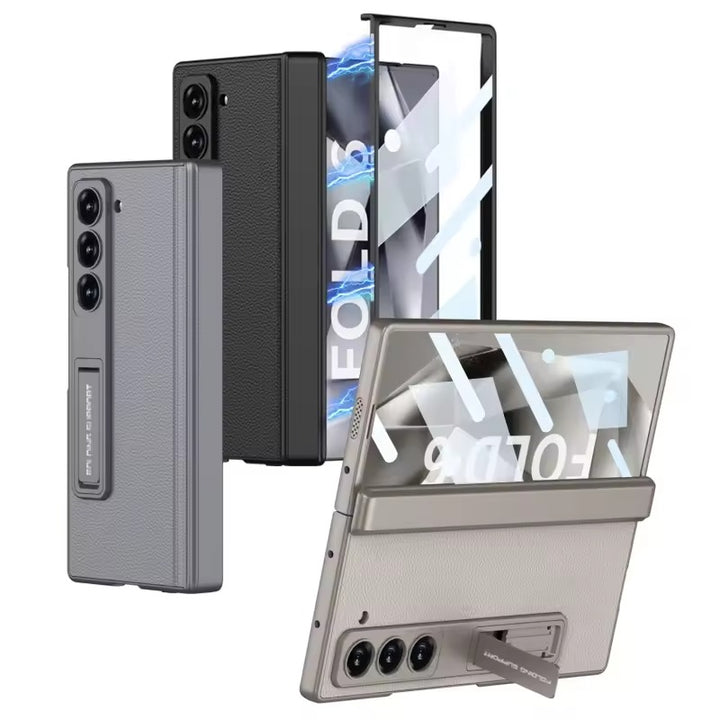 Samsung galaxy Z Fold 6 Luxury Leather Magnetic Hinge Bracket Front Glass Case Cover