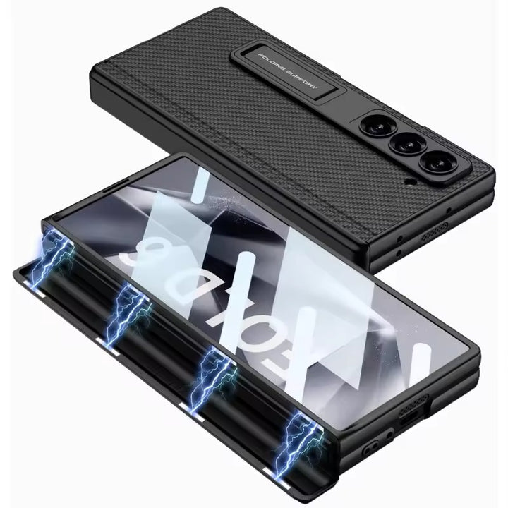 Samsung galaxy Z Fold 6 Luxury Leather Magnetic Hinge Bracket Front Glass Case Cover