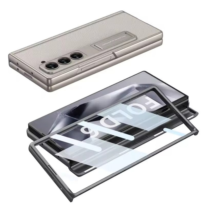 Samsung galaxy Z Fold 6 Luxury Leather Magnetic Hinge Bracket Front Glass Case Cover