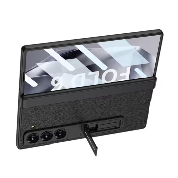 Samsung galaxy Z Fold 6 Luxury Leather Magnetic Hinge Bracket Front Glass Case Cover