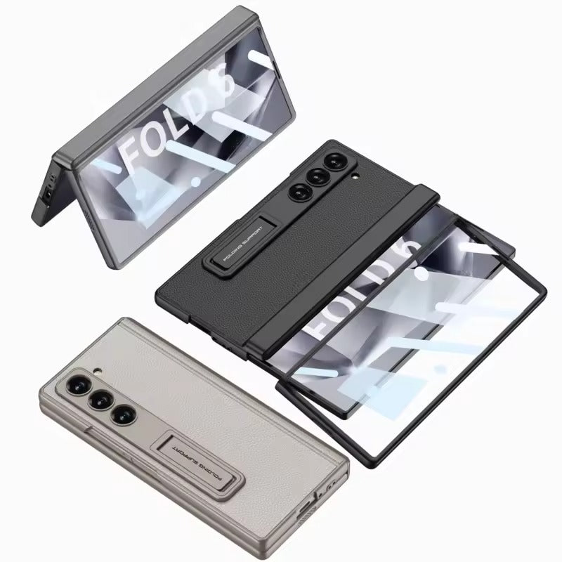 Samsung galaxy Z Fold 6 Luxury Leather Magnetic Hinge Bracket Front Glass Case Cover