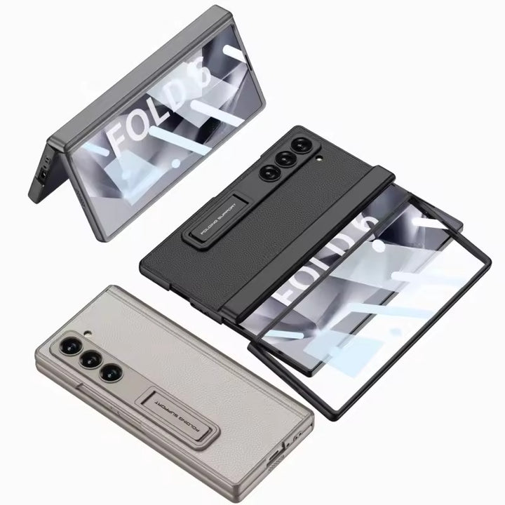 Samsung galaxy Z Fold 6 Luxury Leather Magnetic Hinge Bracket Front Glass Case Cover