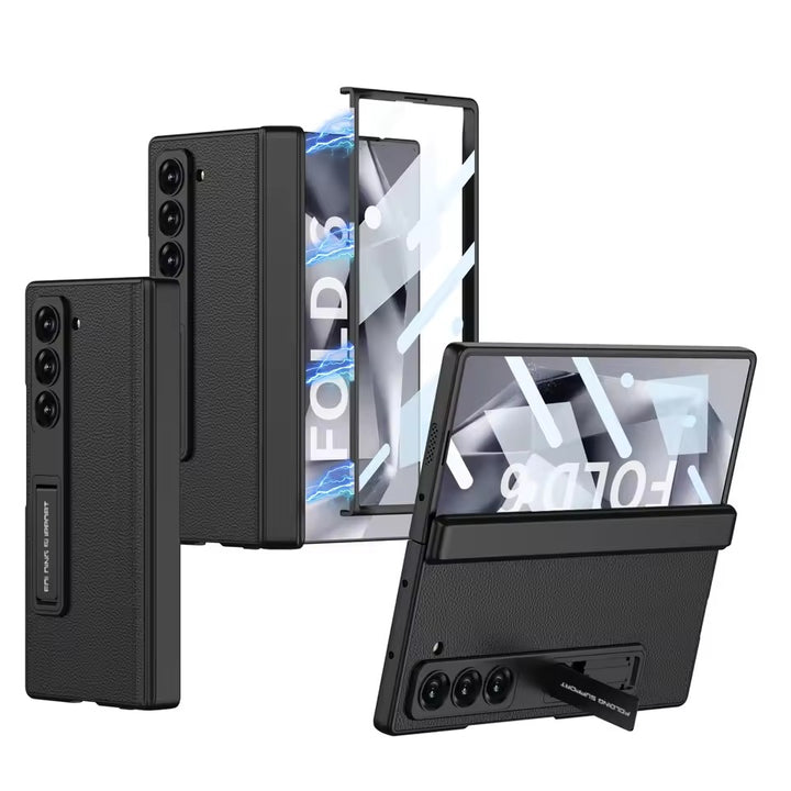 Samsung galaxy Z Fold 6 Luxury Leather Magnetic Hinge Bracket Front Glass Case Cover