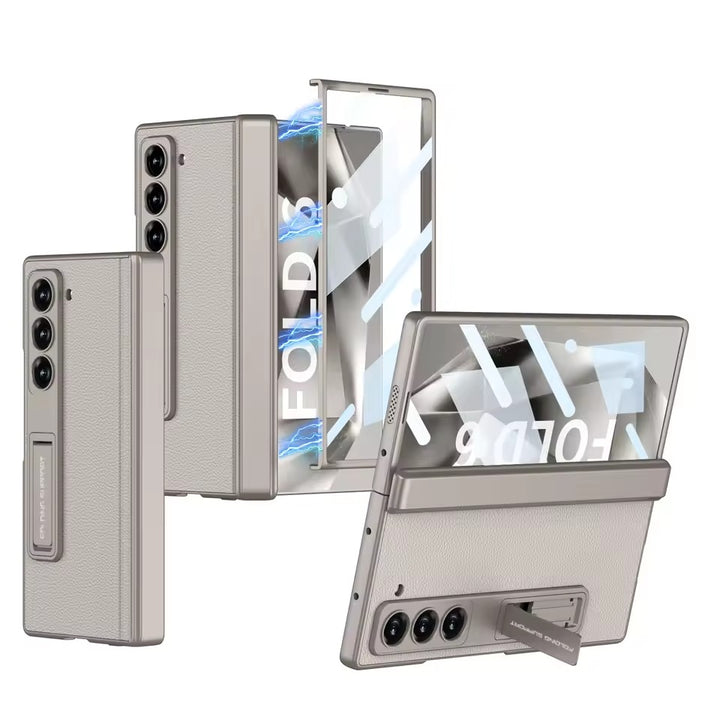 Samsung galaxy Z Fold 6 Luxury Leather Magnetic Hinge Bracket Front Glass Case Cover