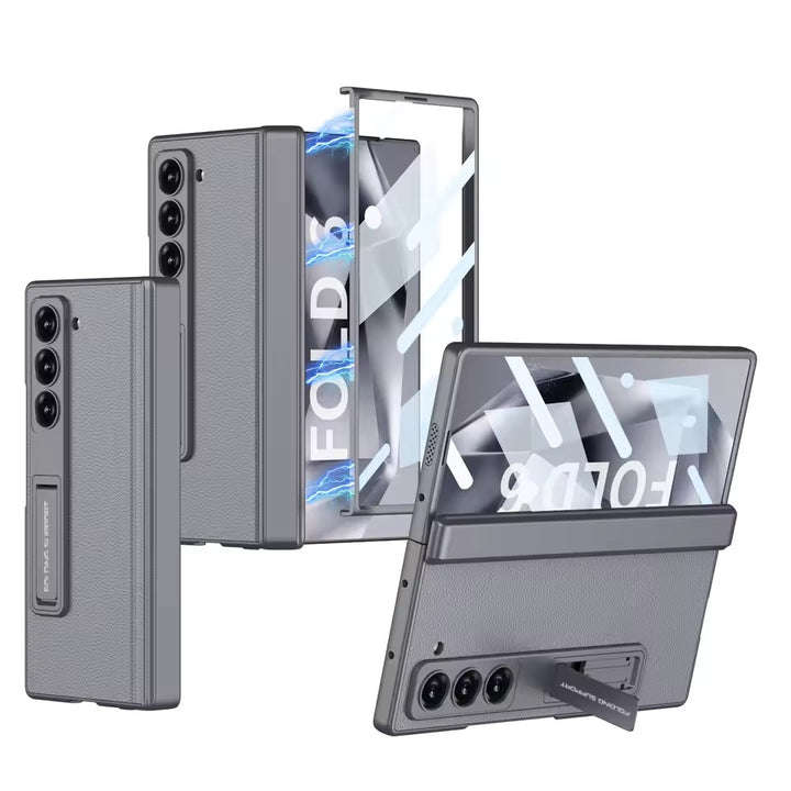 Samsung galaxy Z Fold 6 Luxury Leather Magnetic Hinge Bracket Front Glass Case Cover