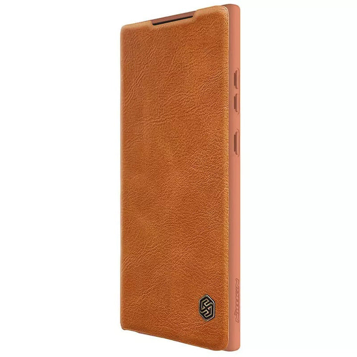 Samsung Galaxy S22 Ultra Camera Protection QIN Leather Flip Case Brown