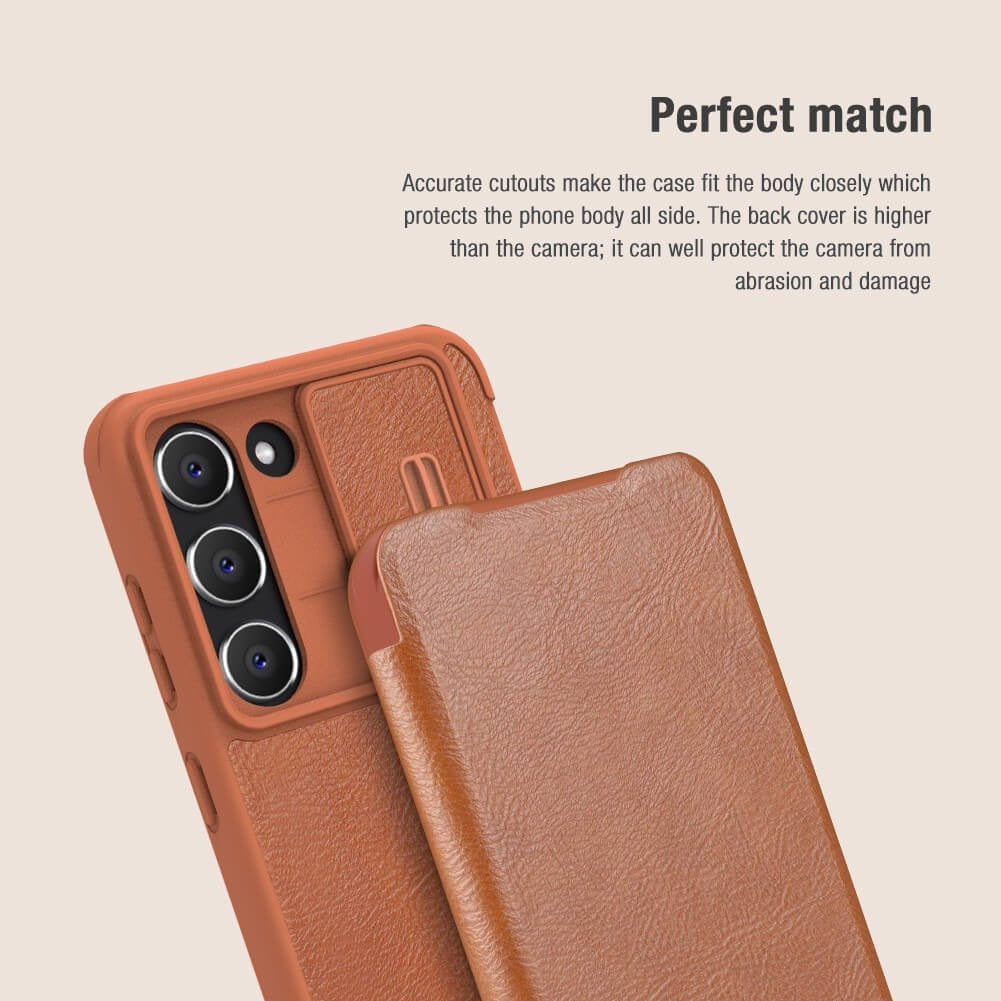 Samsung Galaxy S23 Camera Protection QIN Leather Flip Case Brown