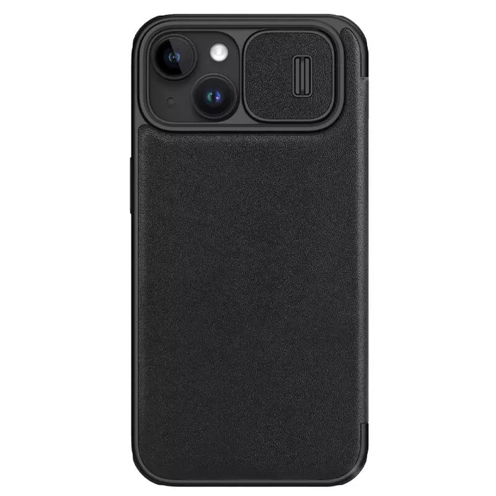 iPhone 15 Series Nillkin Qin Pro Plain Leather+Cloth Flip case Cover (Black)