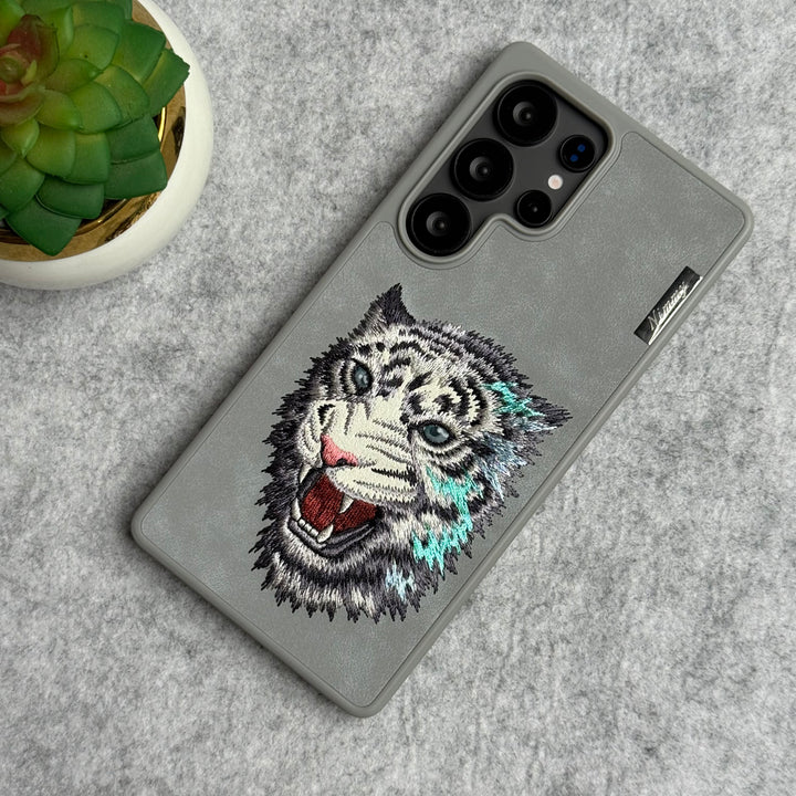 Samsung Galaxy S25 Ultra 3D Embroidery White Tiger face Case (Gray)