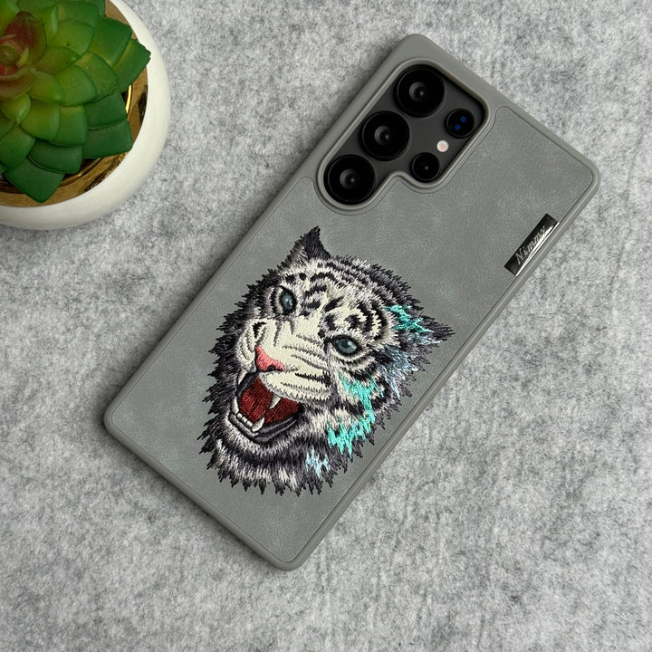 Samsung Galaxy S25 Ultra 3D Embroidery White Tiger face Case (Gray)