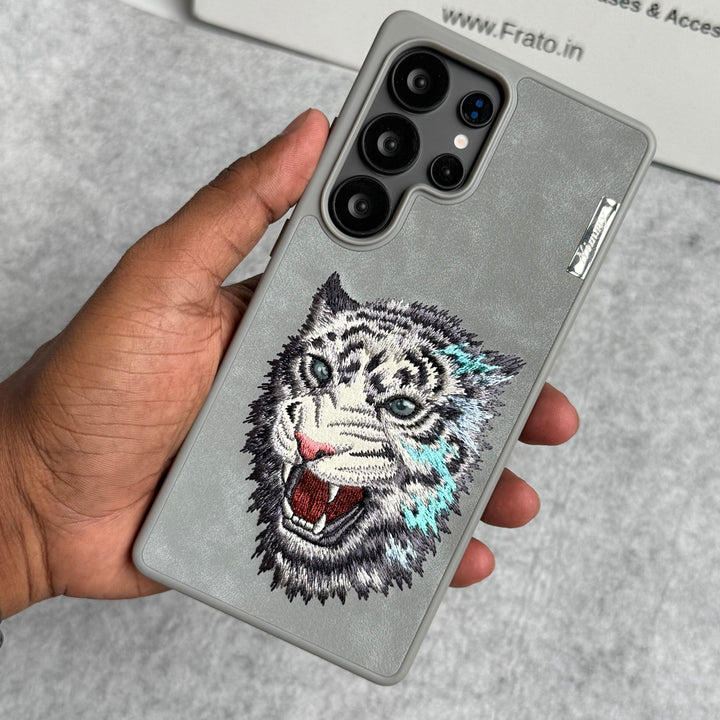 Samsung Galaxy S25 Ultra 3D Embroidery White Tiger face Case (Gray)