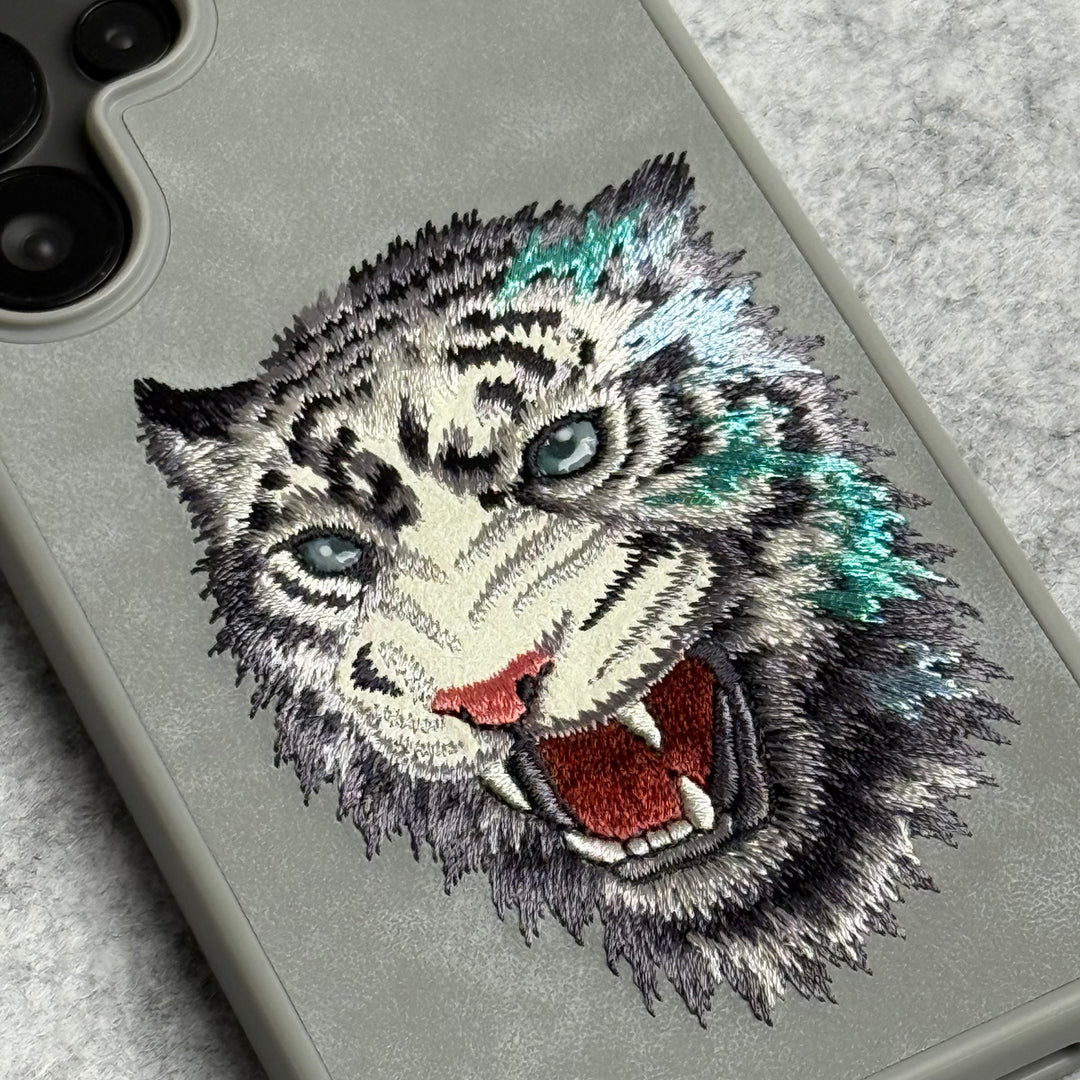 Samsung Galaxy S25 Ultra 3D Embroidery White Tiger face Case (Gray)