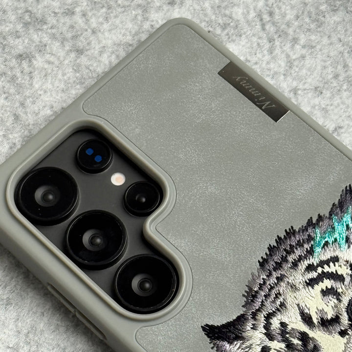 Samsung Galaxy S25 Ultra 3D Embroidery White Tiger face Case (Gray)