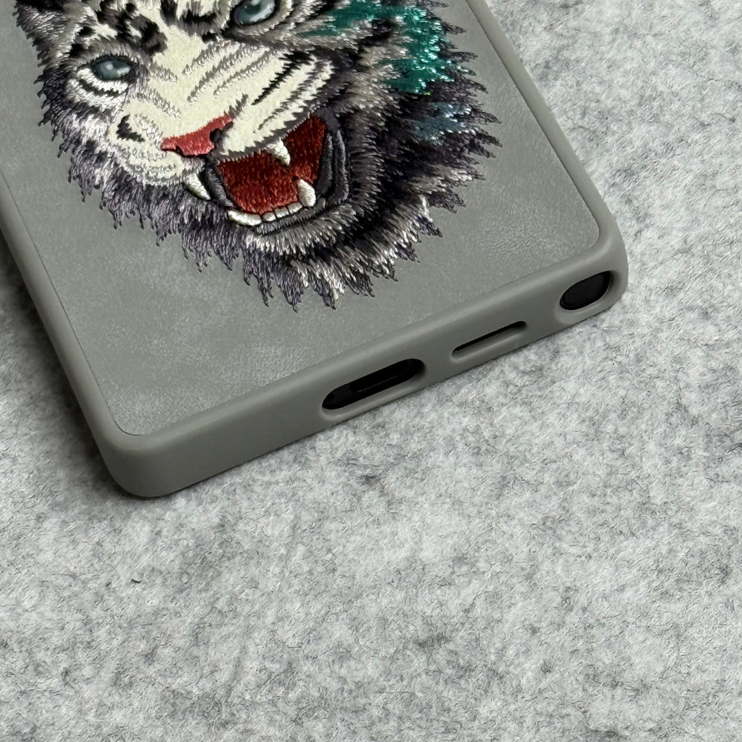 Samsung Galaxy S25 Ultra 3D Embroidery White Tiger face Case (Gray)