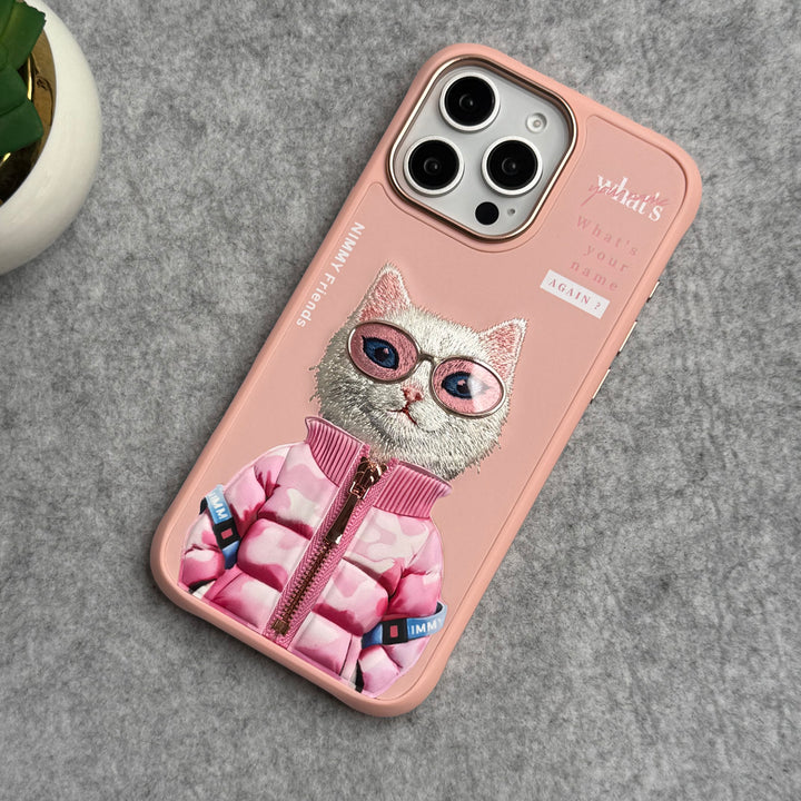 iPhone 16 Pro Max / iPhone 16 Pro 3D Embroidery Cat Pink Zipper Jacket Case