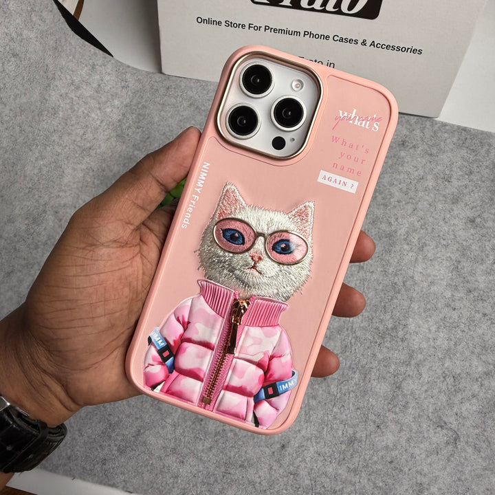 iPhone 16 Pro Max / iPhone 16 Pro 3D Embroidery Cat Pink Zipper Jacket Case