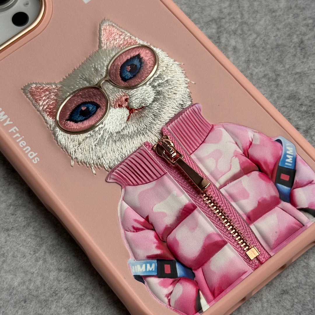 iPhone 16 Pro Max / iPhone 16 Pro 3D Embroidery Cat Pink Zipper Jacket Case