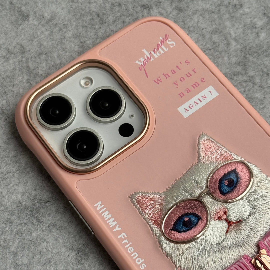 iPhone 16 Pro Max / iPhone 16 Pro 3D Embroidery Cat Pink Zipper Jacket Case