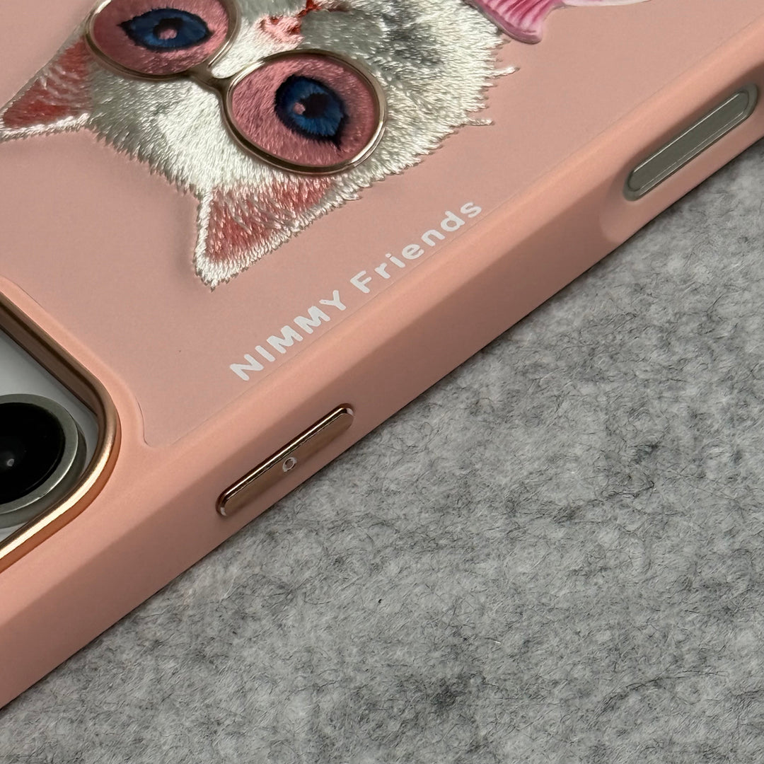 iPhone 16 Pro Max / iPhone 16 Pro 3D Embroidery Cat Pink Zipper Jacket Case