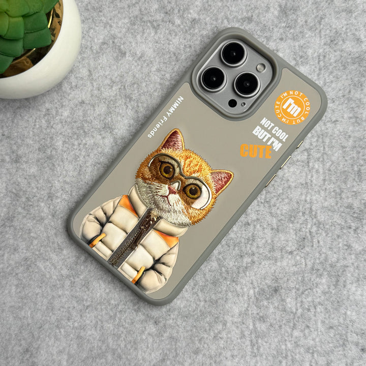 iPhone 16 Pro Max / iPhone 16 Pro 3D Embroidery Cat Gray Zipper Jacket Case