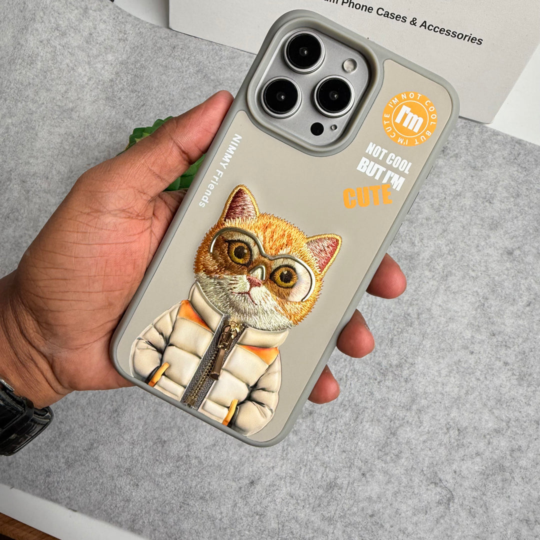 iPhone 16 Pro Max / iPhone 16 Pro 3D Embroidery Cat Gray Zipper Jacket Case