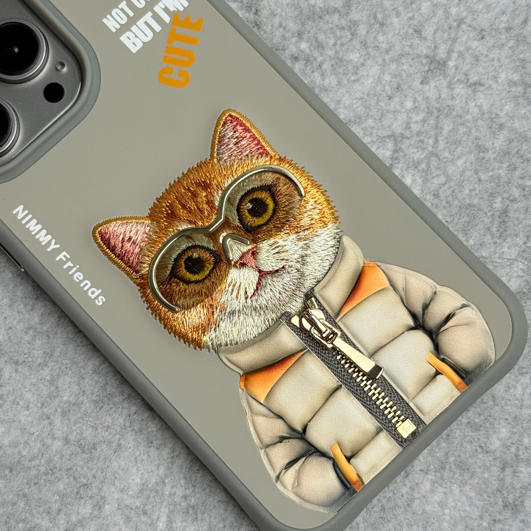 iPhone 16 Pro Max / iPhone 16 Pro 3D Embroidery Cat Gray Zipper Jacket Case