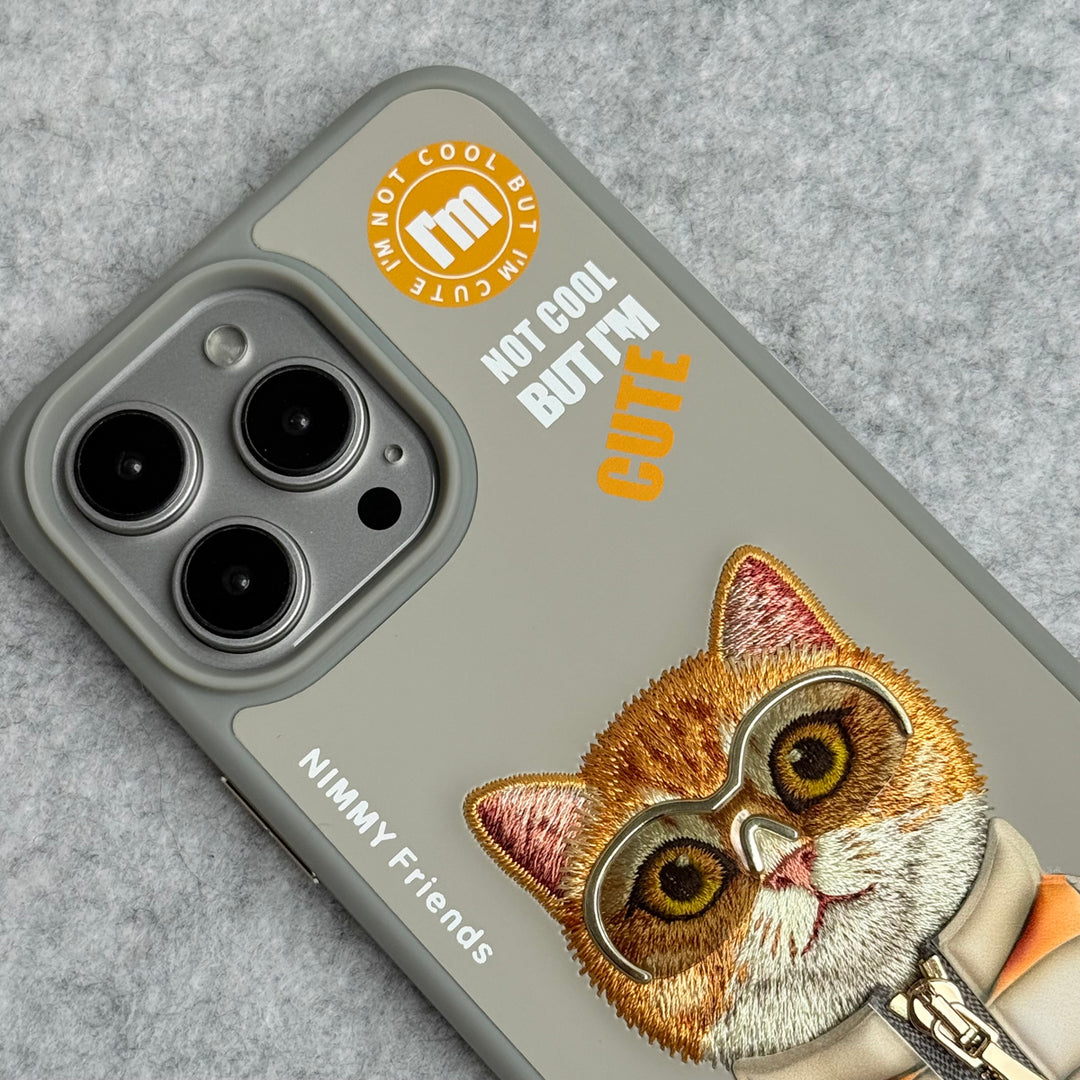 iPhone 16 Pro Max / iPhone 16 Pro 3D Embroidery Cat Gray Zipper Jacket Case