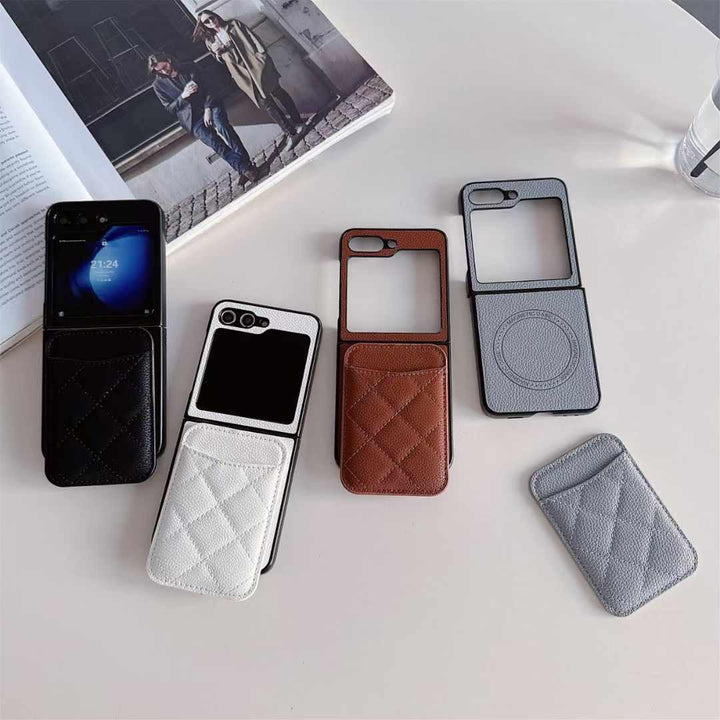Samsung Galaxy Z Flip 6 Magsafe Case Luxury CC Leather Magnetic Wireless Charging Card Wallet Case